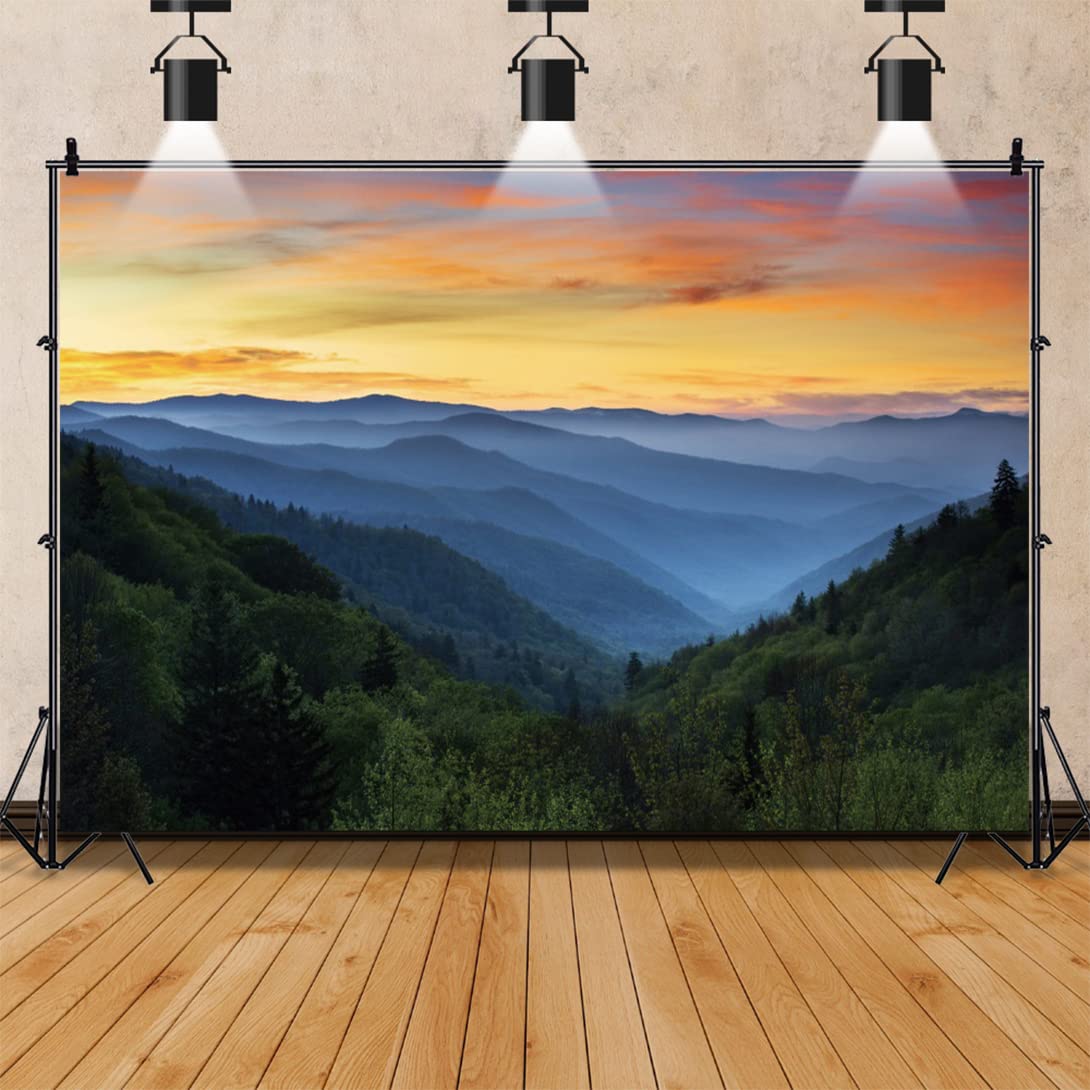 Renaiss 7X5Ft Sunset Mountain Backdrop Polyester Fabric Misty Forest Red Clouds Nature Scenery Photography Background For Outdoo