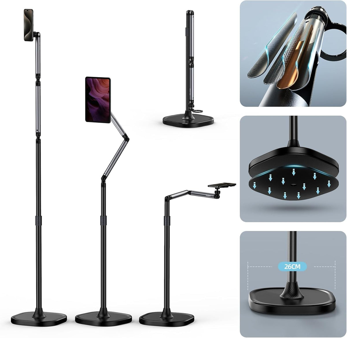 Telesin Magnetic Phone Tablet Floor Stand, Aluminum Alloy Phone Holder Stand For Video Recording, Overhead Bed/Sofa Phone Mount 