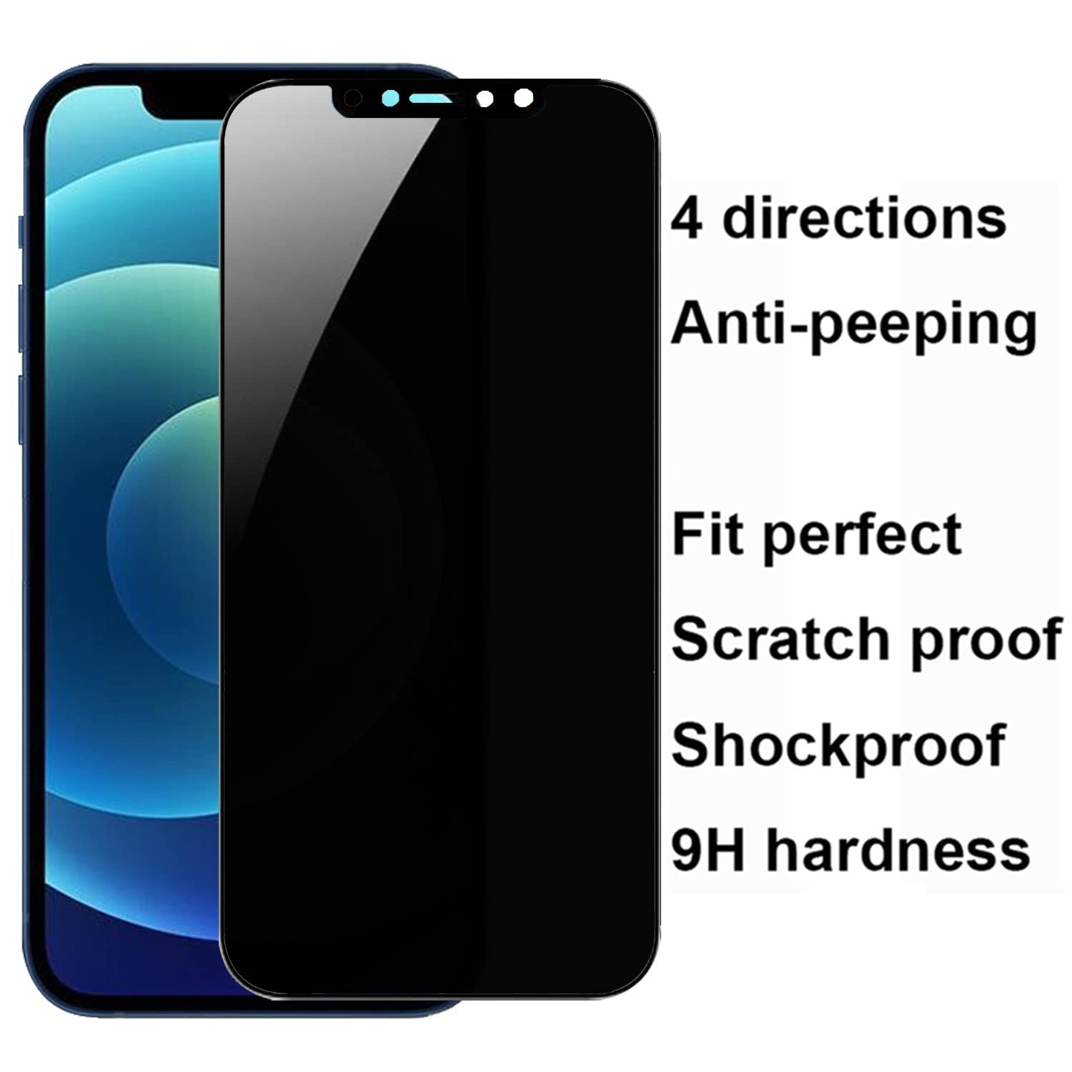 Bwedxez 2 Pack 360 Degree Privacy Tempered Glass Suit For Iphone 12 / Iphone 12 Pro Anti Spy 4 Directions Screen Protector Film