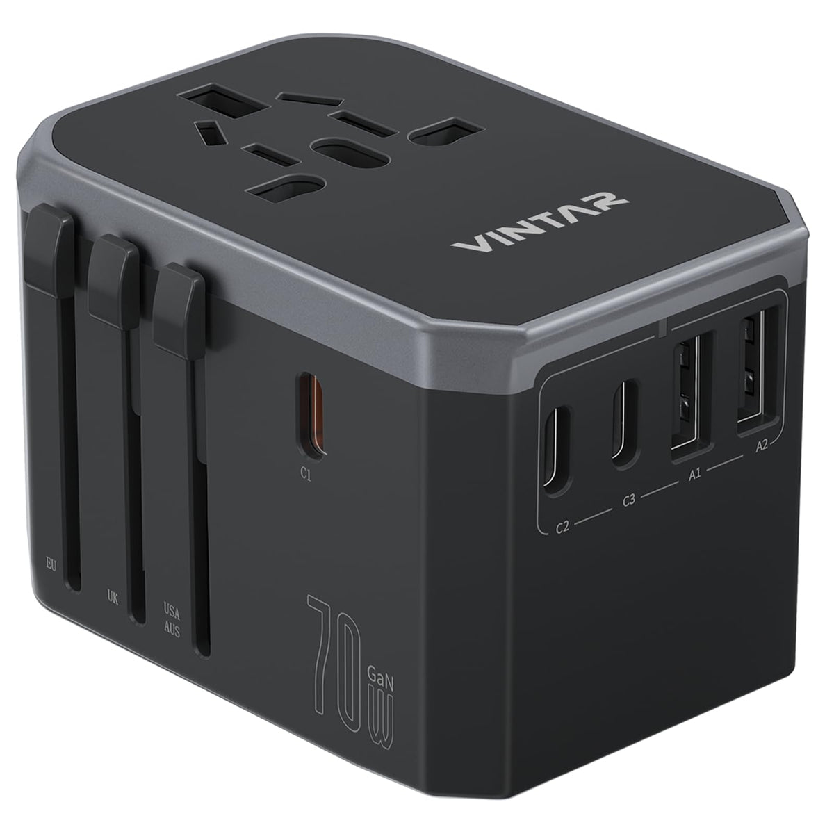 Universal Travel Adapter, Vintar 70W Gan International Power Adapter With 5 Usb Ports (3 Usb-C), All-In-One Travel Essentials Pl