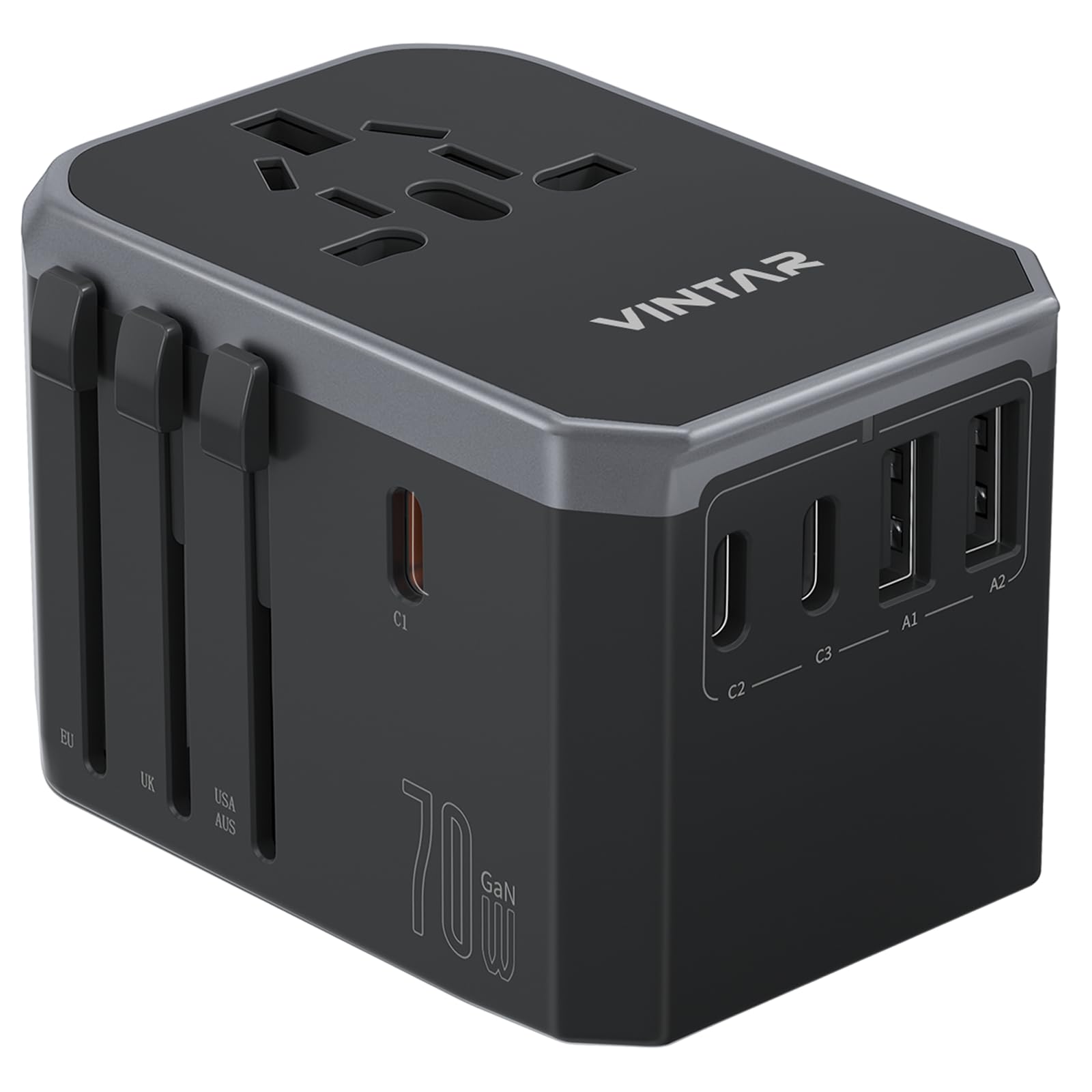Universal Travel Adapter, VINTAR 70W GaN International Power Adapter with 5 USB Ports (3 USB-C), Worldwide Travel Plug Adaptor, 