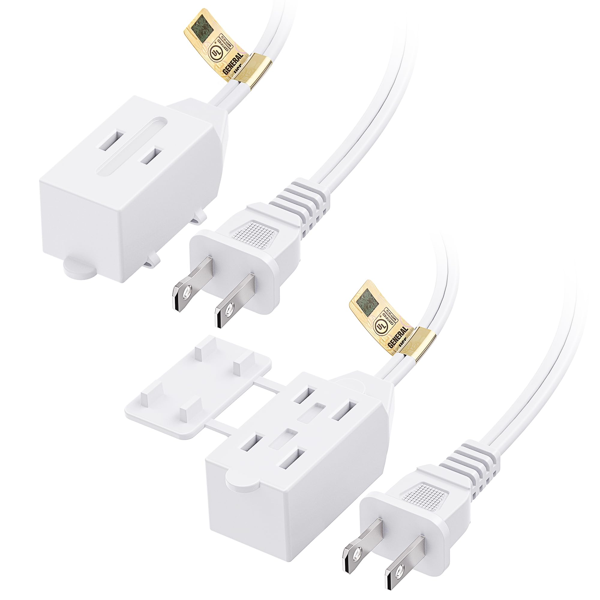 [Ul Listed] Cable Matters 2 Pack 16 Awg 2 Prong Extension Cord 10 Ft, 13A 3 Outlet Extension Cords With Tamper Guard, 13 Amp, 16