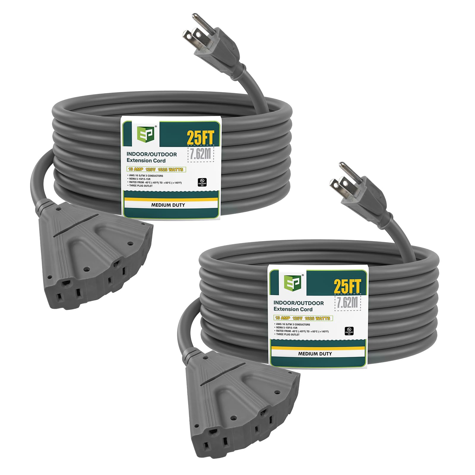 Ep 2 Pack 25 Ft Outdoor Extension Cord With 3 Electrical Power Outlets   16/3 Sjtw Grey Cable With 3 Prong Grounded Plug For Saf
