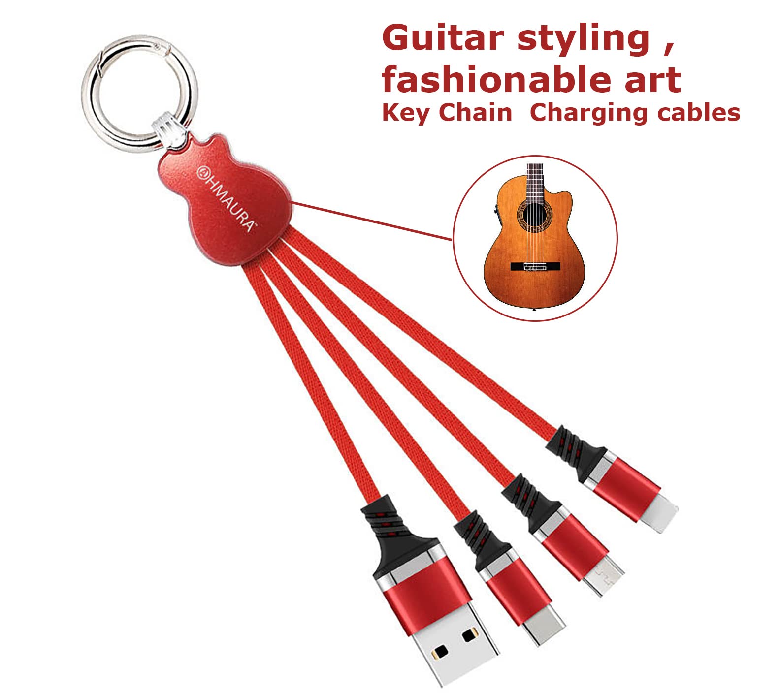 Ohmaura   Guitar Styling Fashionable Multi Charging Cable, 3 In 1 Usb Cable With Keychain, Universal Portable Fast Charging Cabl