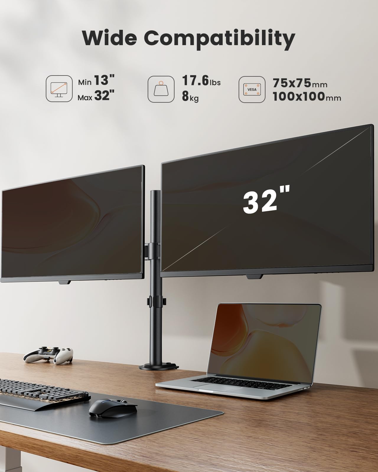 Ergear Dual Monitor Desk Mount, Fully Adjustable Dual Monitor Arm For 2 Computer Screens Up To 32 Inch, Heavy Duty Dual Monitor