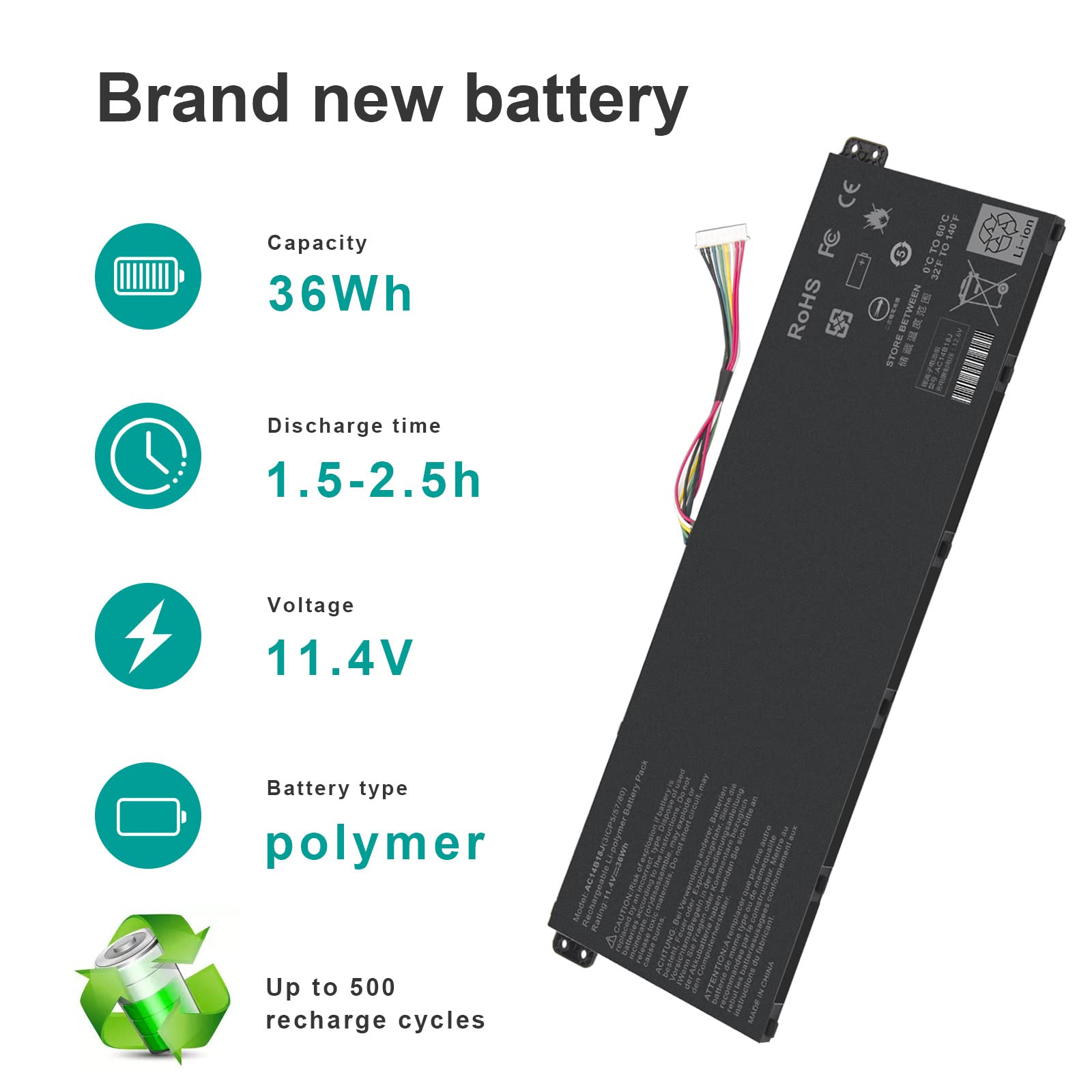 Asuncell 36Wh Ac14B18J Battery For Acer Aspire Es 15 Es1 571 Es1 331 Chromebook 11 Cb3 111 13 Cb5 311 15 Cb3 531 Ac14B13J Ac14B1