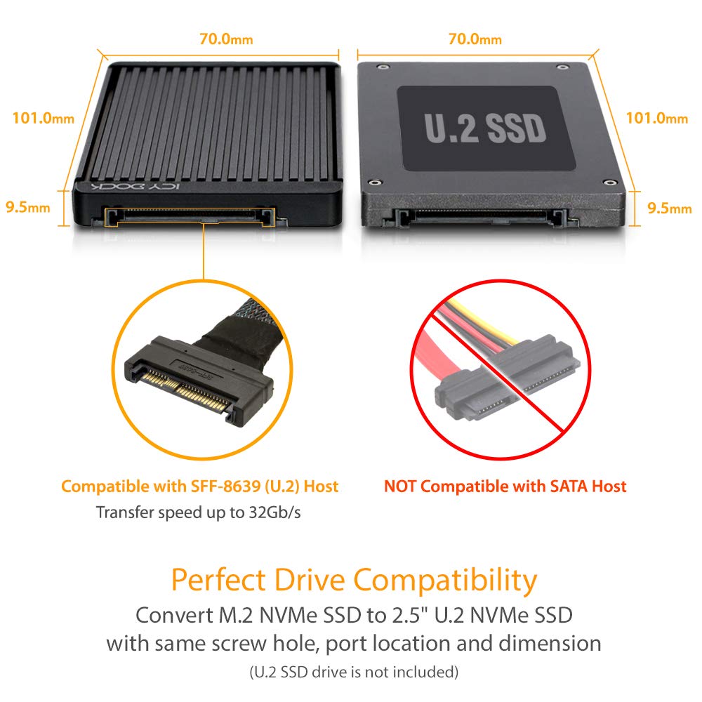 Icy Dock Tool Less M.2 Pcie 3.0/4.0 Nvme Ssd To 2.5'' U.2 (Sff 8639) Ssd Converter Adapter With Heatsink Cover   Ezconvert Mb705