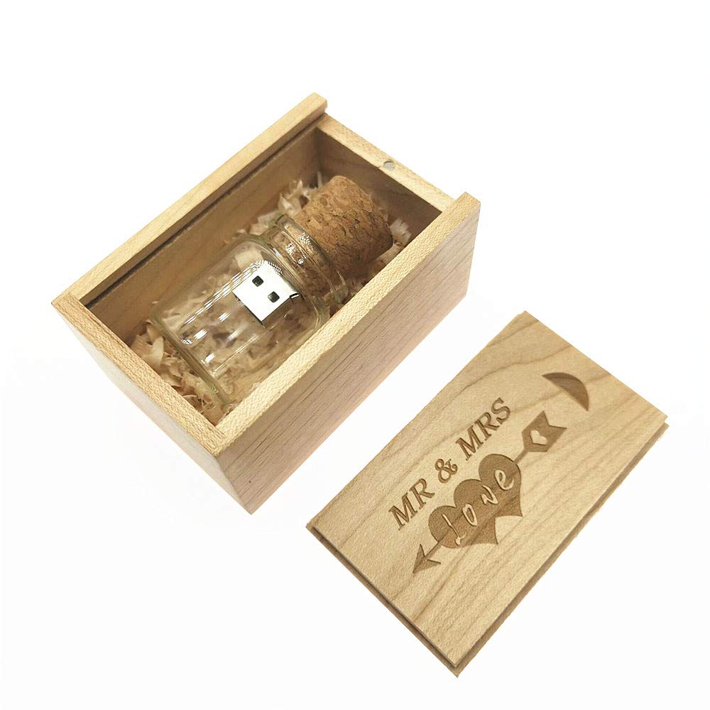 Lxsino 32Gb Usb 3.0 Flash Drive Glass Drift Bottle With Mr & Mrs Print Wood Box Usb Stick Pendrive For Wedding, Friends,Family