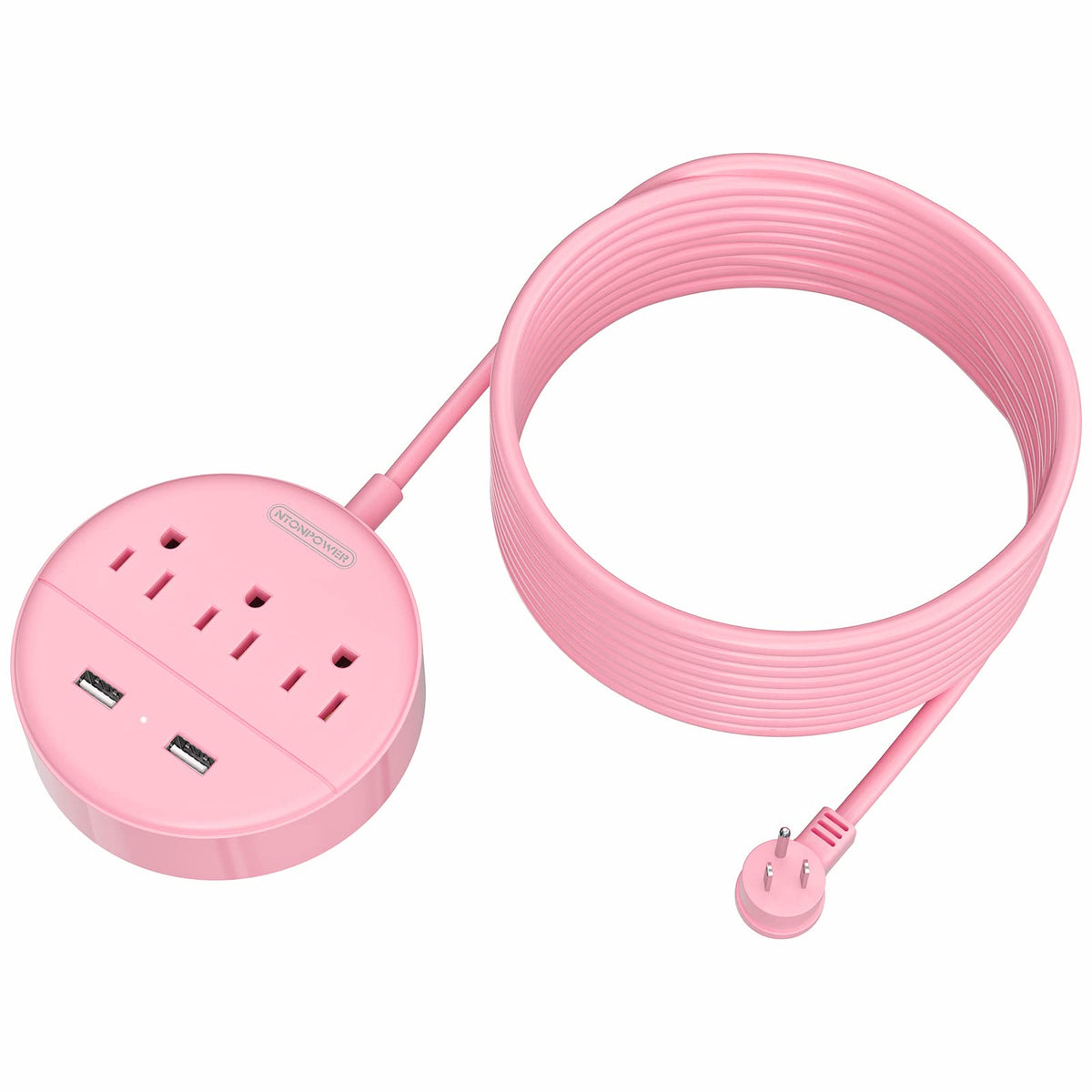 Pink Extension Cord 15Ft, Ntonpower Flat Plug Power Strip With Long Extension Cord, 3 Outlet 2 Usb Desktop Charging Station Wall