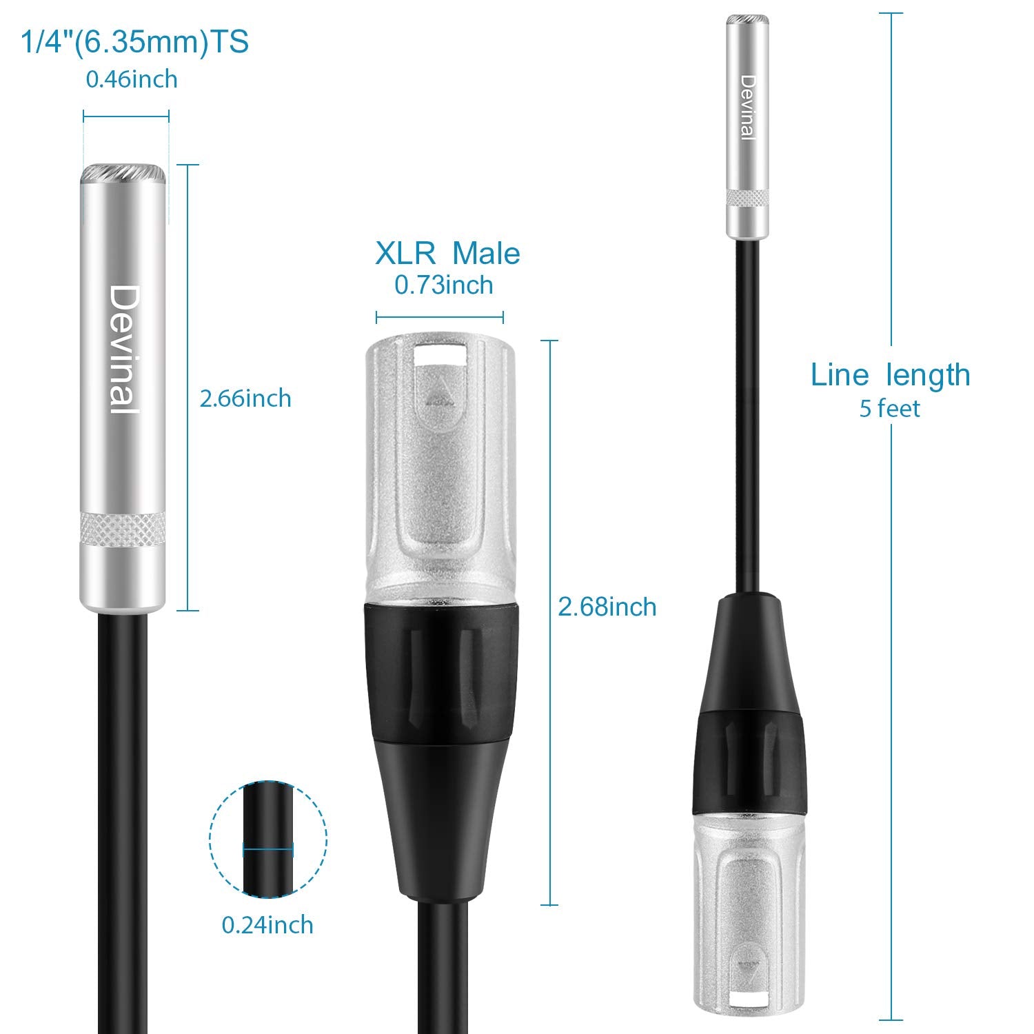 Devinal Xlr Male To 1/4'' Female Calbe, 3 Pin Male To 6.35Mm Socket Audio Cord, Xlr Plug To Ts/Trs Quarter Inch Adapter Connecto