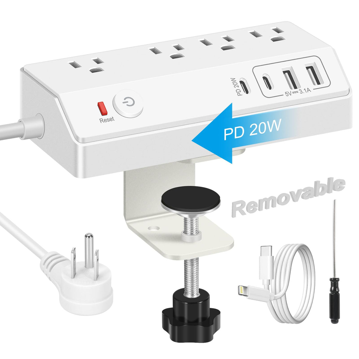 Desk Clamp Power Strip With Usb C (20W Pd) - Removable Surge Protector With 4 Outlet 4 Usb Ports - Multi Outlet Plug Edge Mount 