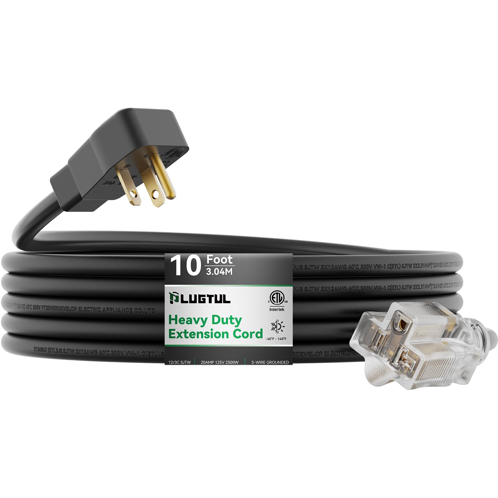 Plugtul 20Amp Extension Cord 10Ft, Nema 5 20 Heavy Duty Extension Cord, Lighted End, 12Gauge, Sjtw, 20Amp 125V 2500W, Black
