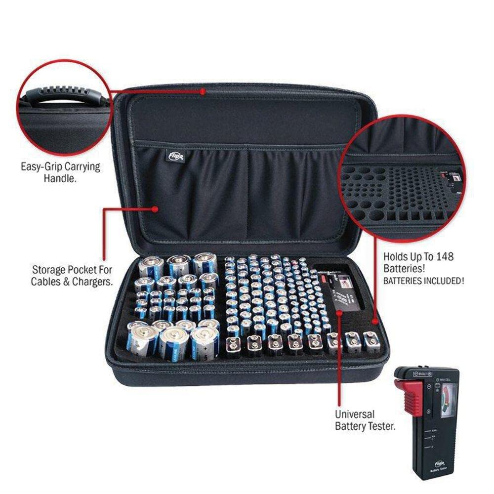 Flipo Battery Storage Carrying Case And Organizer, Small, Holds 60 Batteries, Includes Bonus Battery Tester (Small, Black)
