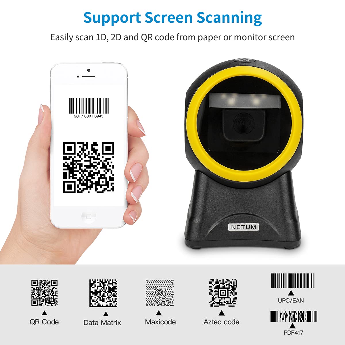 Netum 1D 2D Desktop Barcode Scanner Omnidirectional Hands Free Barcode Reader Capture Barcodes From Screen, Automatic Image Sens