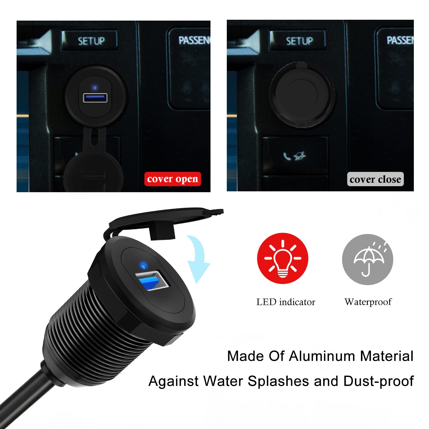 Gobgod Usb 3.0 Car Mount Flush Cable With Led Indicator Single Port, Usb3.0 Male To Female Extension For Car Truck Boat Motorcyc