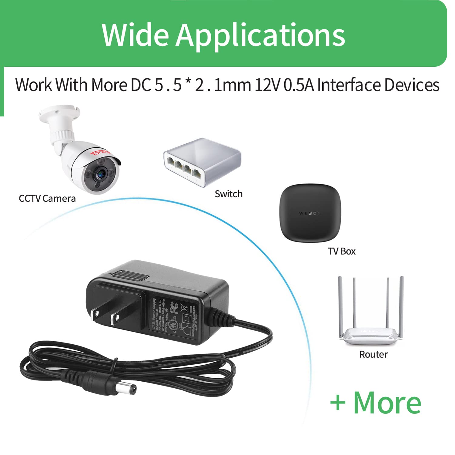 Security 01 Ac To Dc 12V 0.5A 500Ma Power Supply Adapter 5.5Mm X 2.1Mm Ul Listed Fcc,Cy 1200500