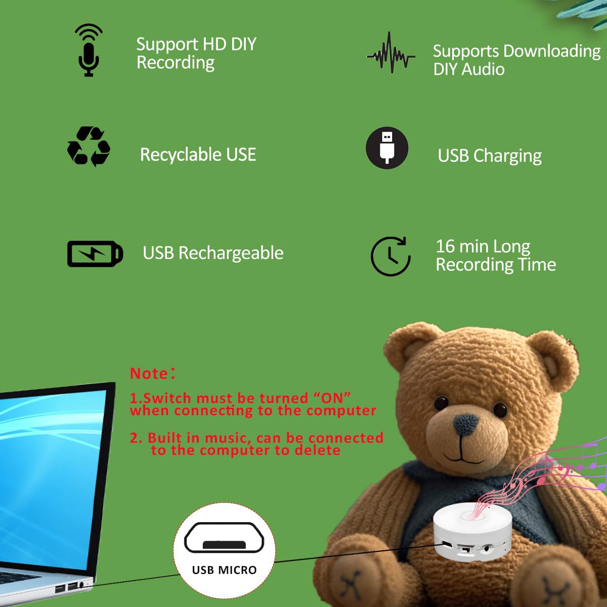 Xlw Voice Recorder,16Min Voice Recording Button For Stuffed Animals, Bear,Plush, Baby Doll Toy,Pillow.16Mb Record Custom Message