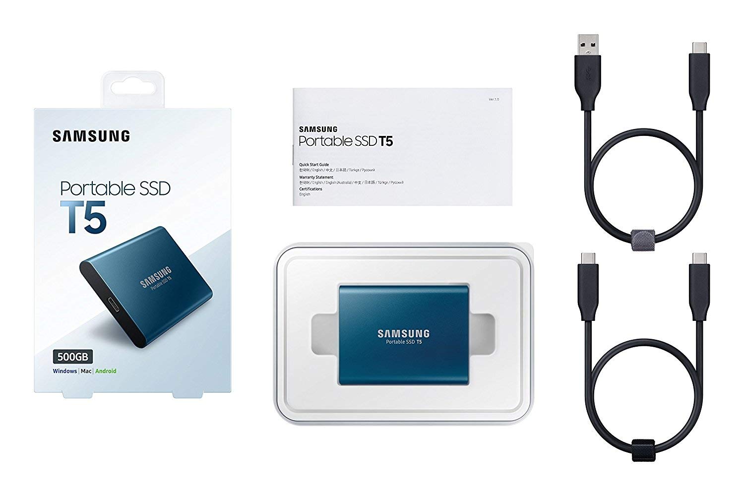 SAMSUNG T5 Portable SSD 500GB - USB 3.1, Up to 540MB/s, Blue, Model MU-PA500B/AM