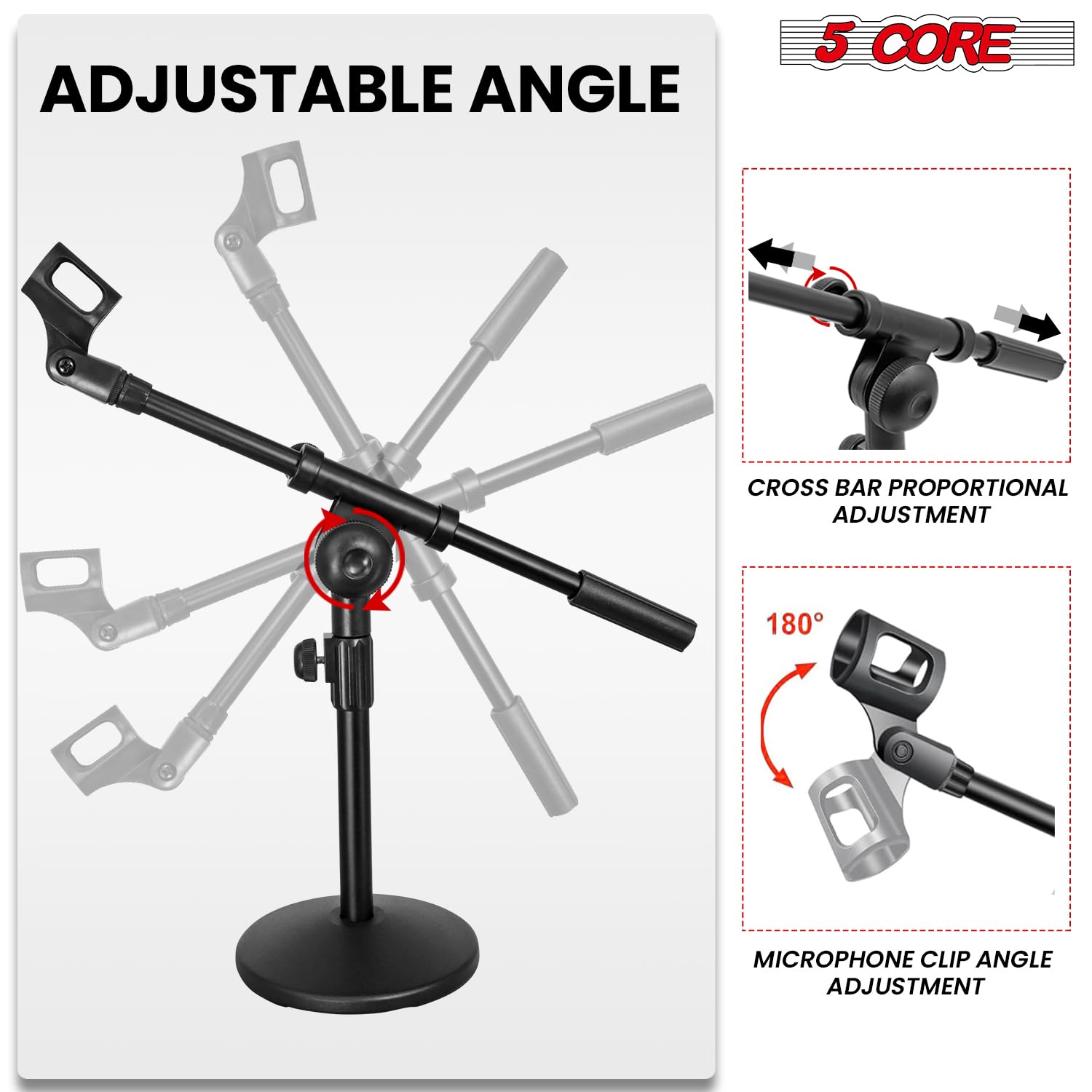 5Core Mic Stand Desk Adjustable Extendable Boom Arm Table Microphone Holder W Round Base Anti Slip Pad + Mic Clip + 3/8 & 5/8