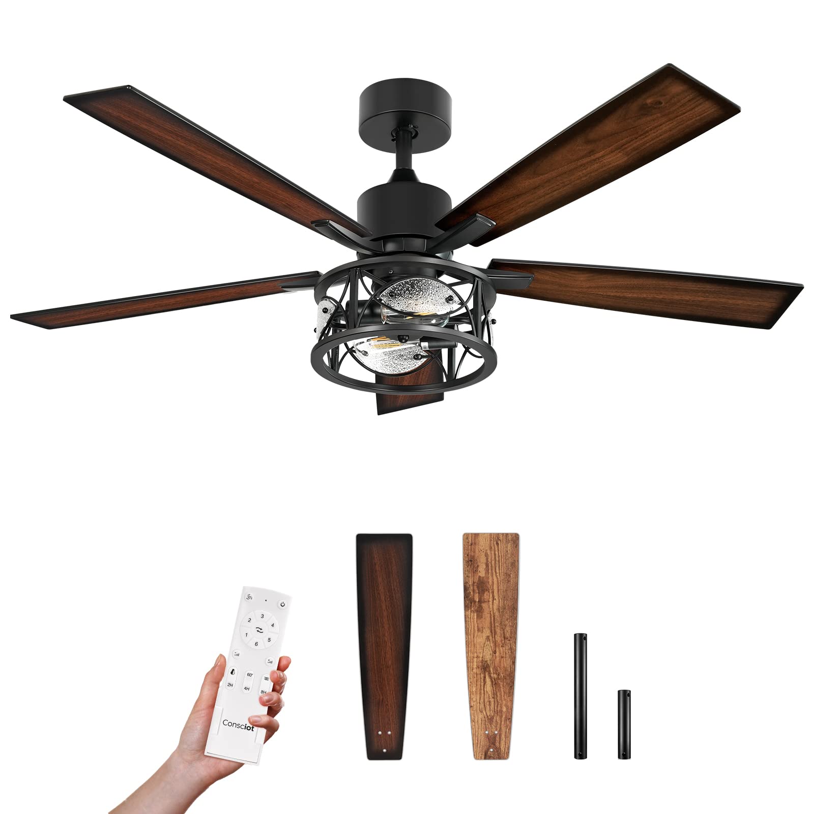 Consciot Ceiling Fan With Lights, 52 Inch Farmhouse Indoor Ceiling Fan With Remote, Quiet Reversible Dc Motor, 5 Double Finish W