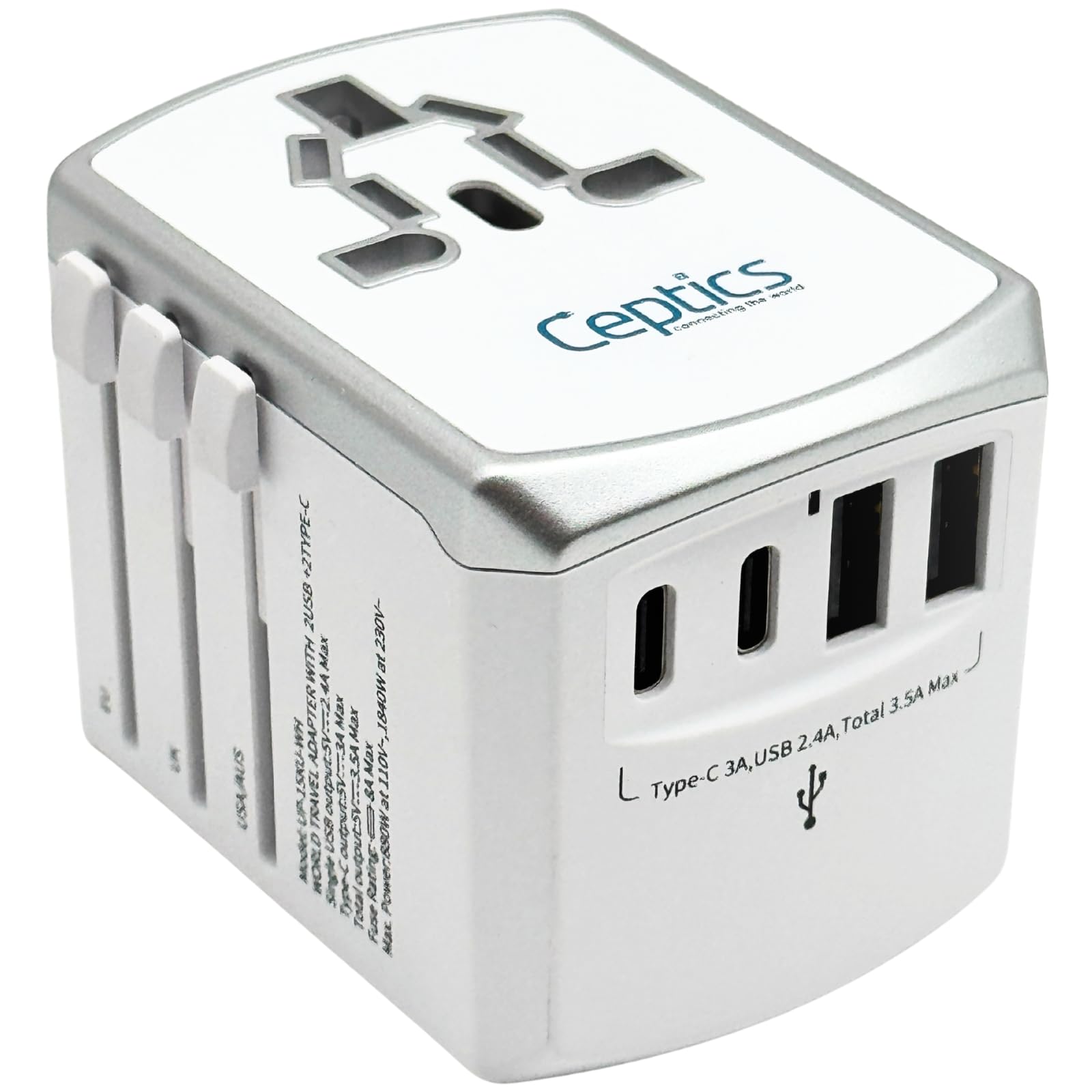 Ceptics Universal Travel Adapter 17.5W, 5 In 1 Universal Laptop Charger With 2X Usb A & Usb C 3.5A For Mobiles, Laptops, Cameras