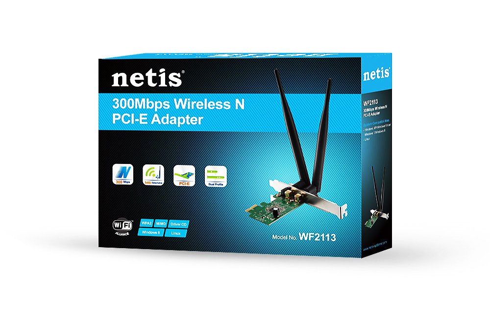 Netis Wf2113 Wireless N 300Mbps Advanced Pci-E Adapter, 5 Dbi High Gain Antennas, 2T2R Mimo, Low-Profile Bracket Included, Pci-E