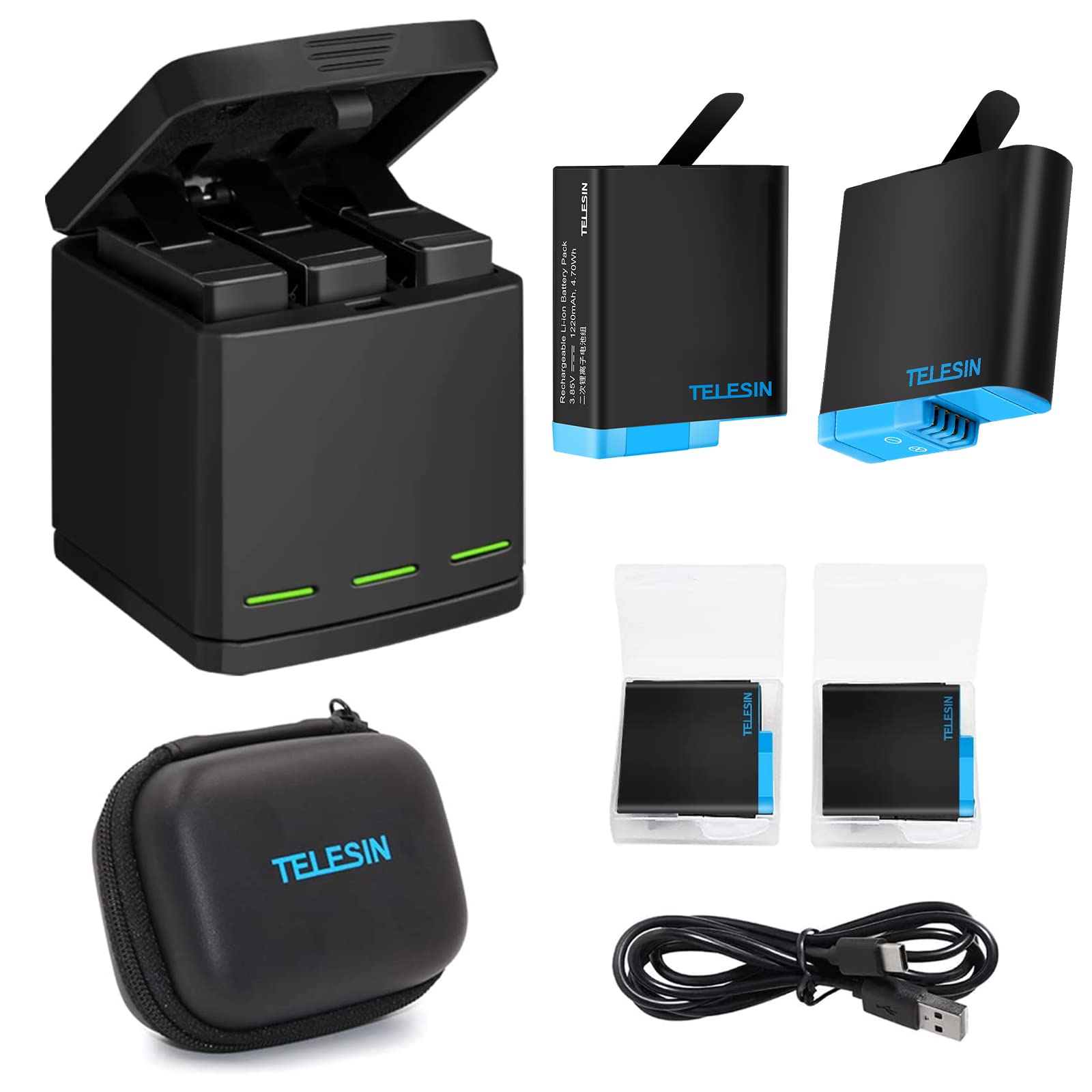 Telesin Triple Charger Battery Charging Box With 2 Battery Pack, Storage Cases, Usb Type C Cable, Camera Lens Cover, Screen & Le