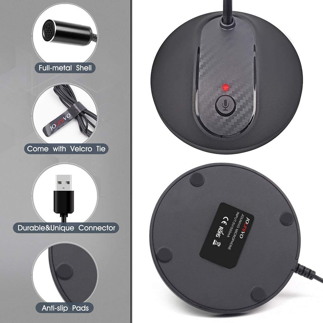 Jounivo Usb Microphone, 360 Degree Adjustable Gooseneck Design, Mute Button & Led Indicator, Noise Canceling Technology, Plug &