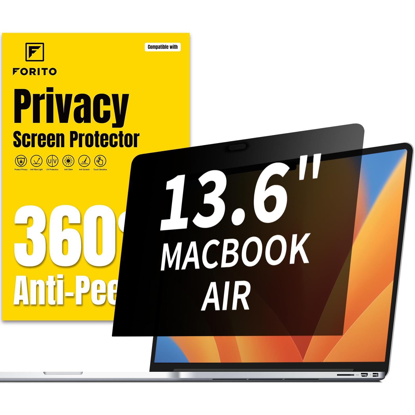 F Forito 360 Privacy Screen Protector Compatible With Macbook Air 13.6 Inch (2022 2024, M2, M3), Anti Peeping And Anti Glare Lap