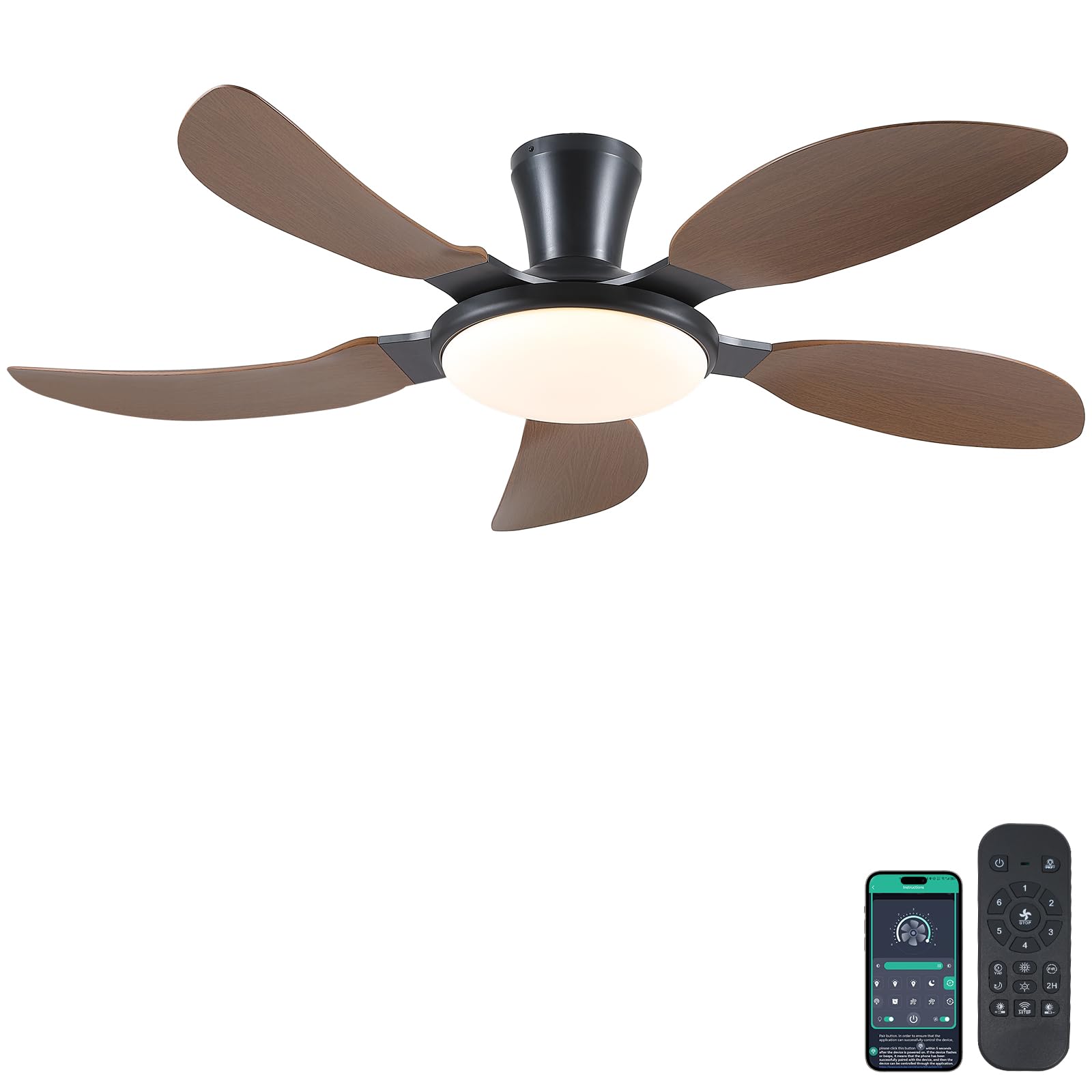 PHORUS 52 Low profile Ceiling Fans with Lights and Remote,Modern Flush Mount Ceiling Fans with Quiet Reversible DC Motor, Dimmab