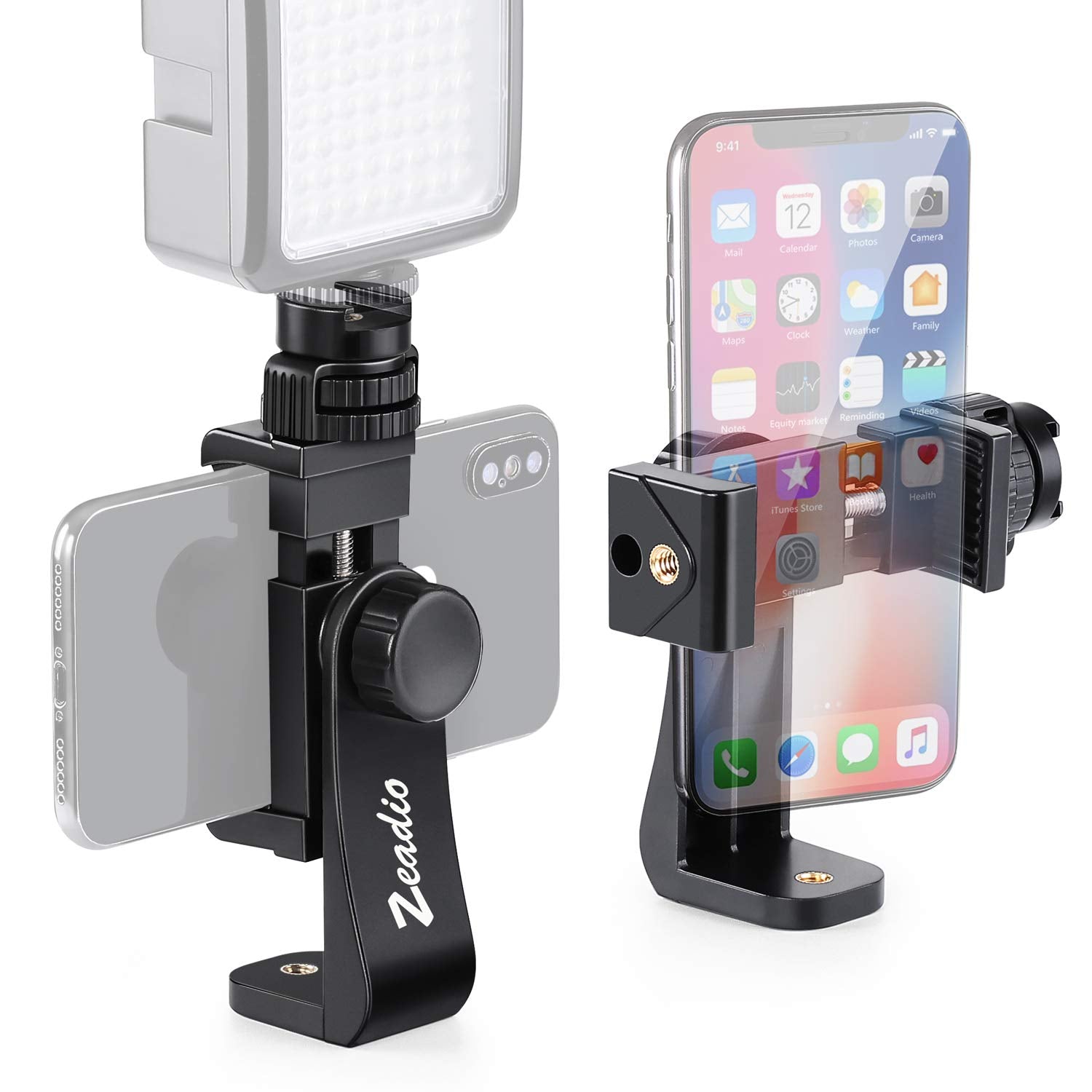 Zeadio Tripod Smartphone Mount, Cell Phone Holder Adapter Clamp with Cold-Shoe Mount, Selfie Stick and Monopod Adjustable Clamp,