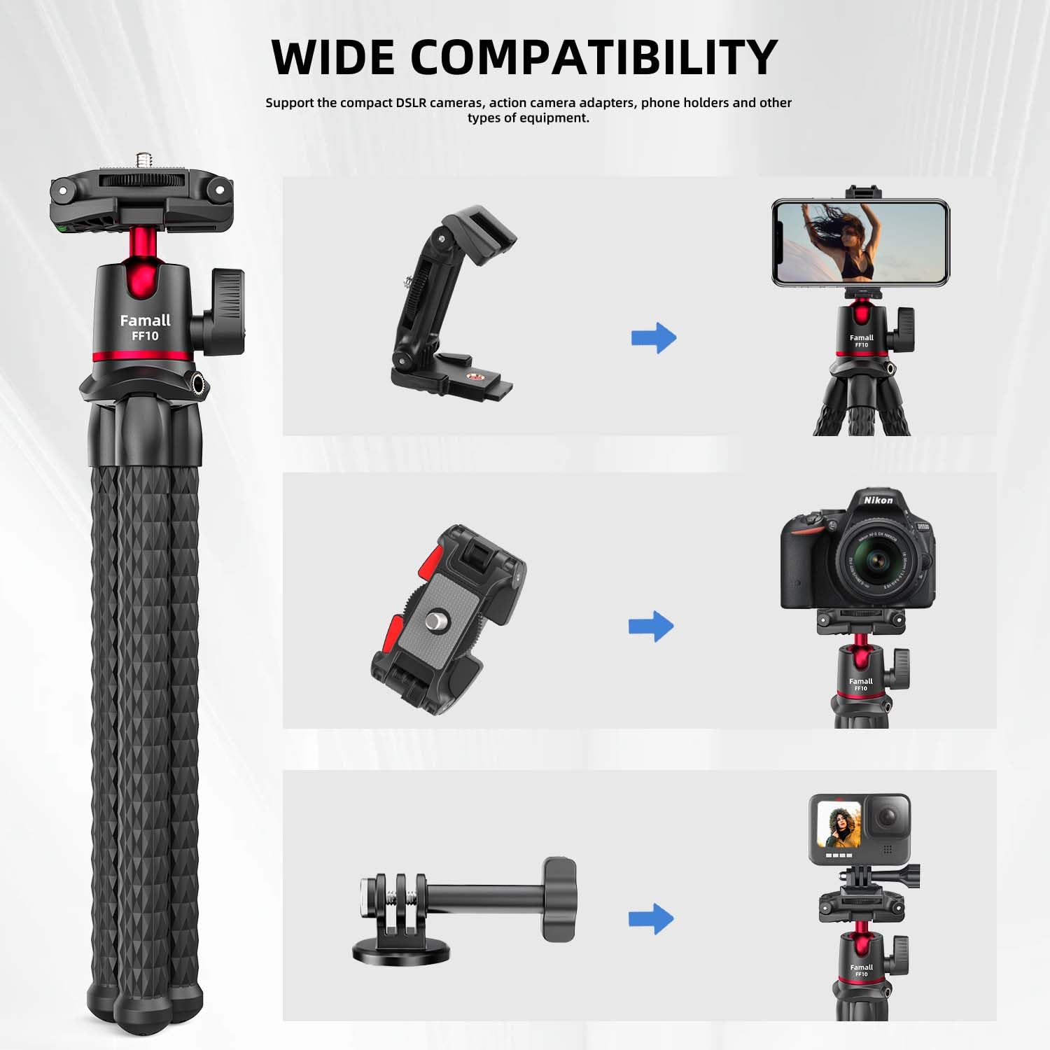 Camera Tripod, Famall Flexible Tripod Stand For Phone With Cold Shoe Phone Mount For Iphone Canon Nikon Sony Cameras