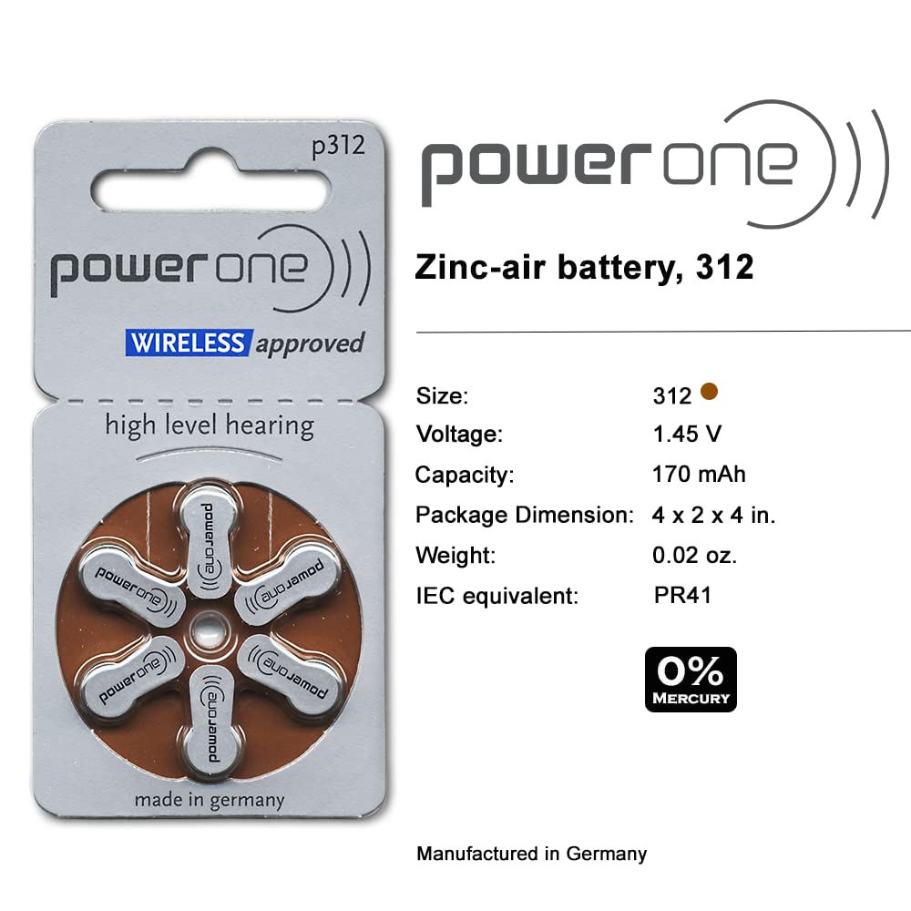 Power One Size 312 Zinc Air Hearing Aid Batteries No Mercury (42 Batteries)