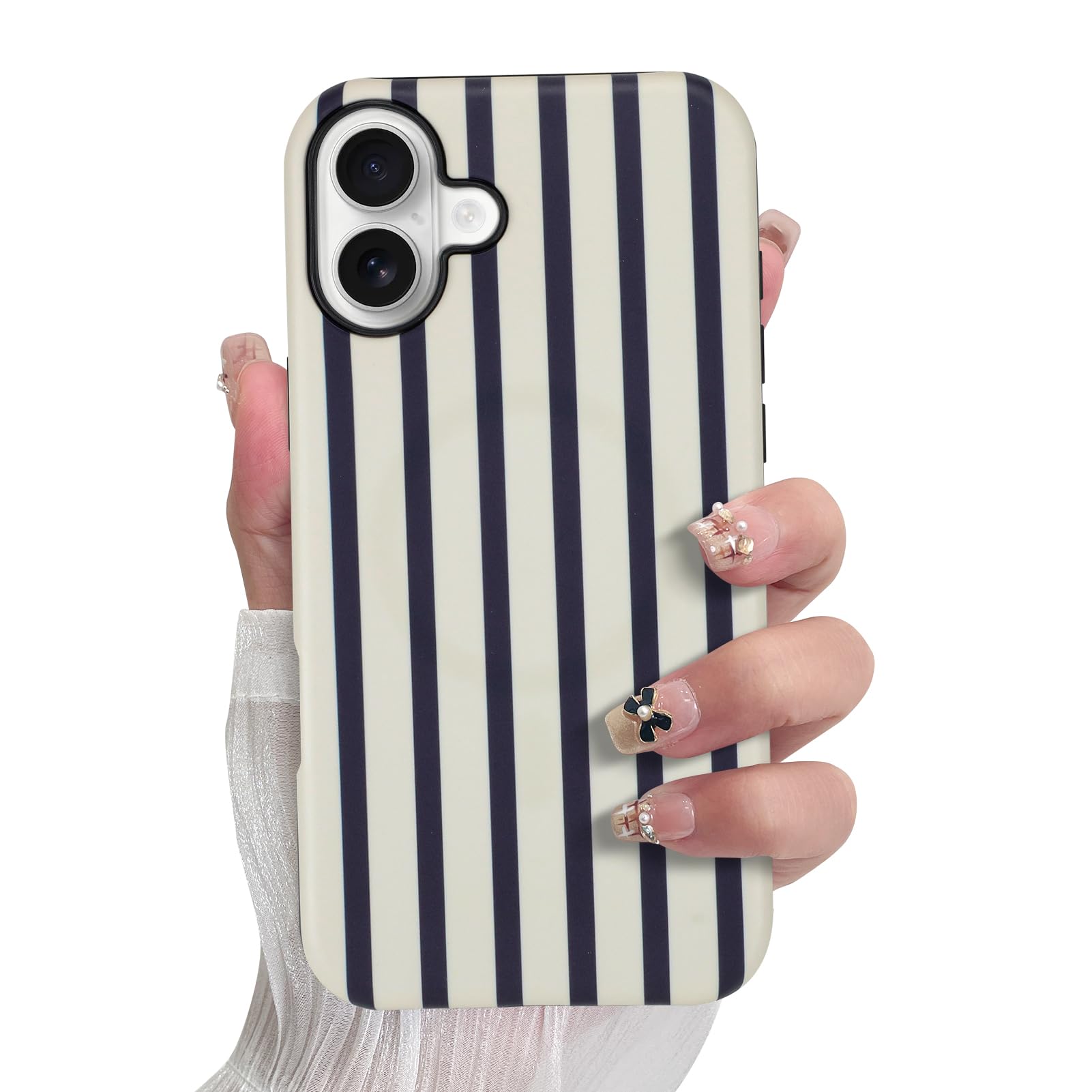 SOKAD Magnetic Vertical Stripes Phone Case for iPhone 16, Cute Navy Blue Striped Line Pattern Compatible with Magsafe Matte Prot