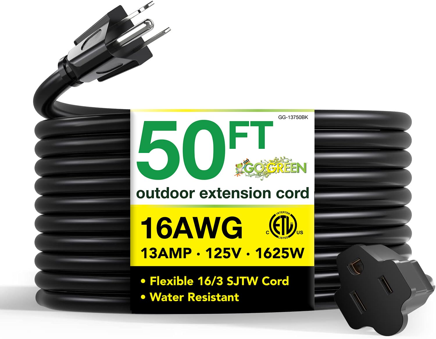 Go Green Power Inc. 16/3 50Ft Black Outdoor Extension Cord   Durable, Heavy Duty, Moisture Resistant   Ideal For Tools & Equipment   Gg 13750Bk