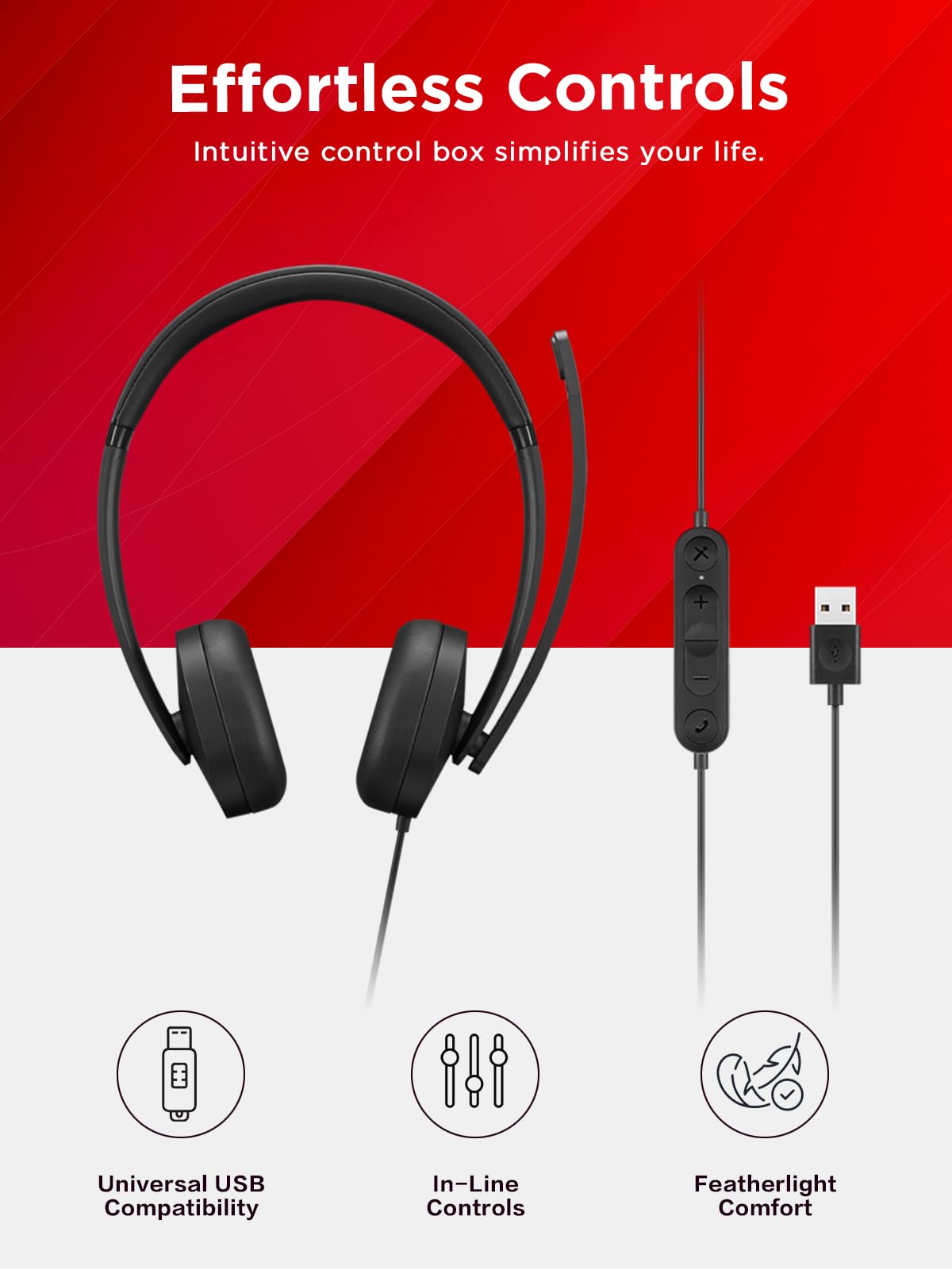 Lenovo Usb A Wired Stereo Headset For Pc/Laptop, Ai Noise Canceling Via App, 140G Lightweight, Replaceable Earcups, Double Sided