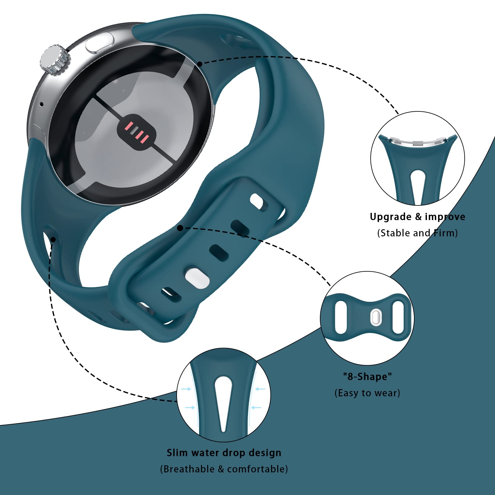 Eiavike Slim Bands Compatible With Google Pixel Watch Band Adjustable Breathable Soft Silicone Sport Replacement Watch Band Stra