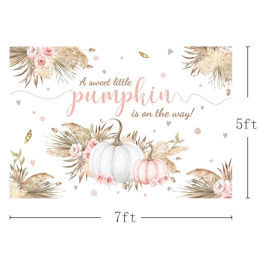 Mehofond 7X5Ft Autumn Boho Little Pumpkin Backdrop For Girl Baby Shower Fall Leaves Pampas Grass Pink White Floral Background Fo