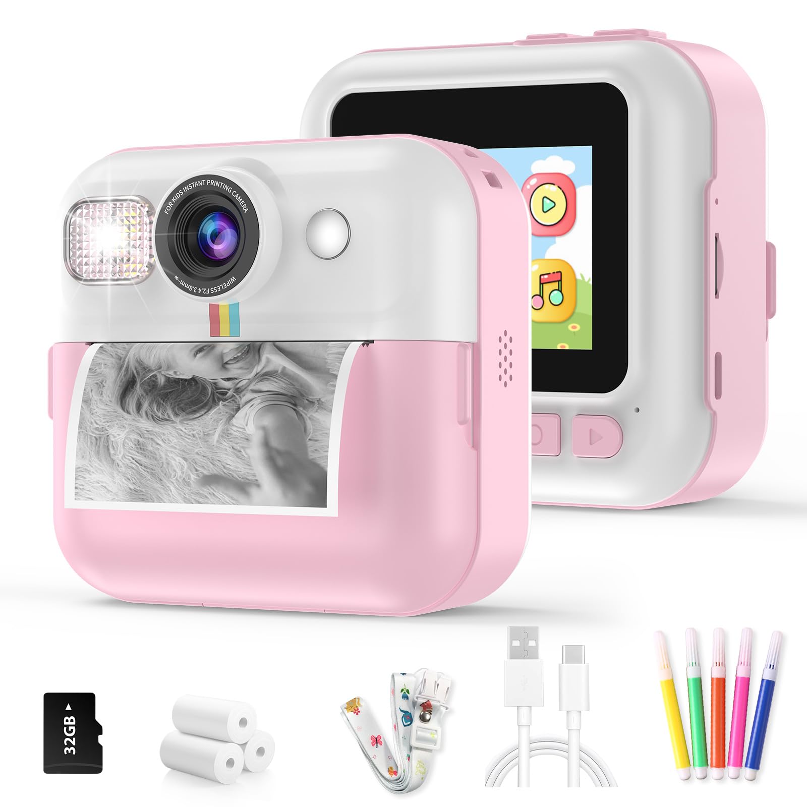 Bofidar Kids Camera,Toddler Camera Instant Print Toys,1080P Children Printable Camera,Pink Selfie Camera Christmas Birthday Gift