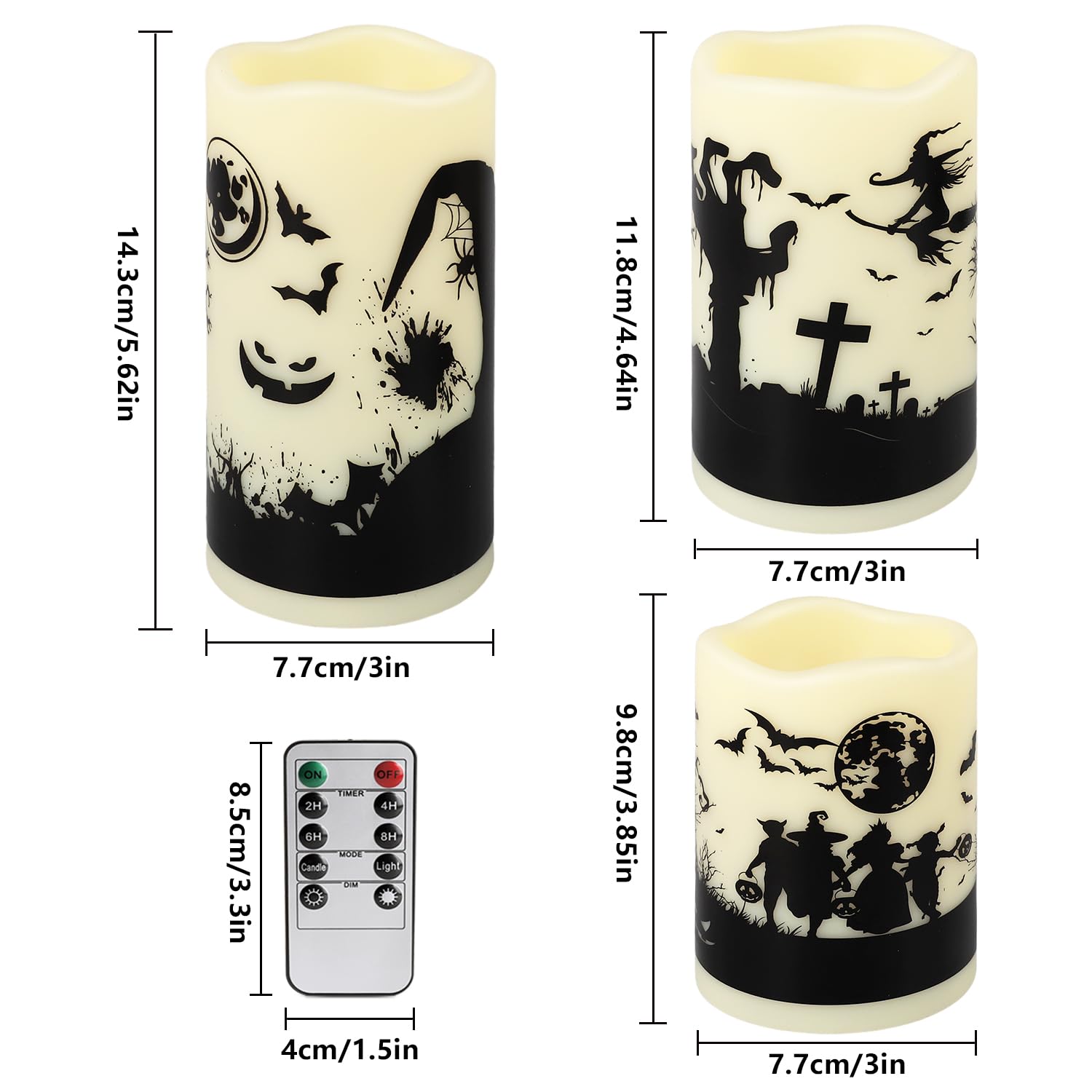 Caketycg 12-Pack Halloween Ink Painting Large Electronic Waxes With Remote Control, Flameless Led Candles For Halloween Spooky,
