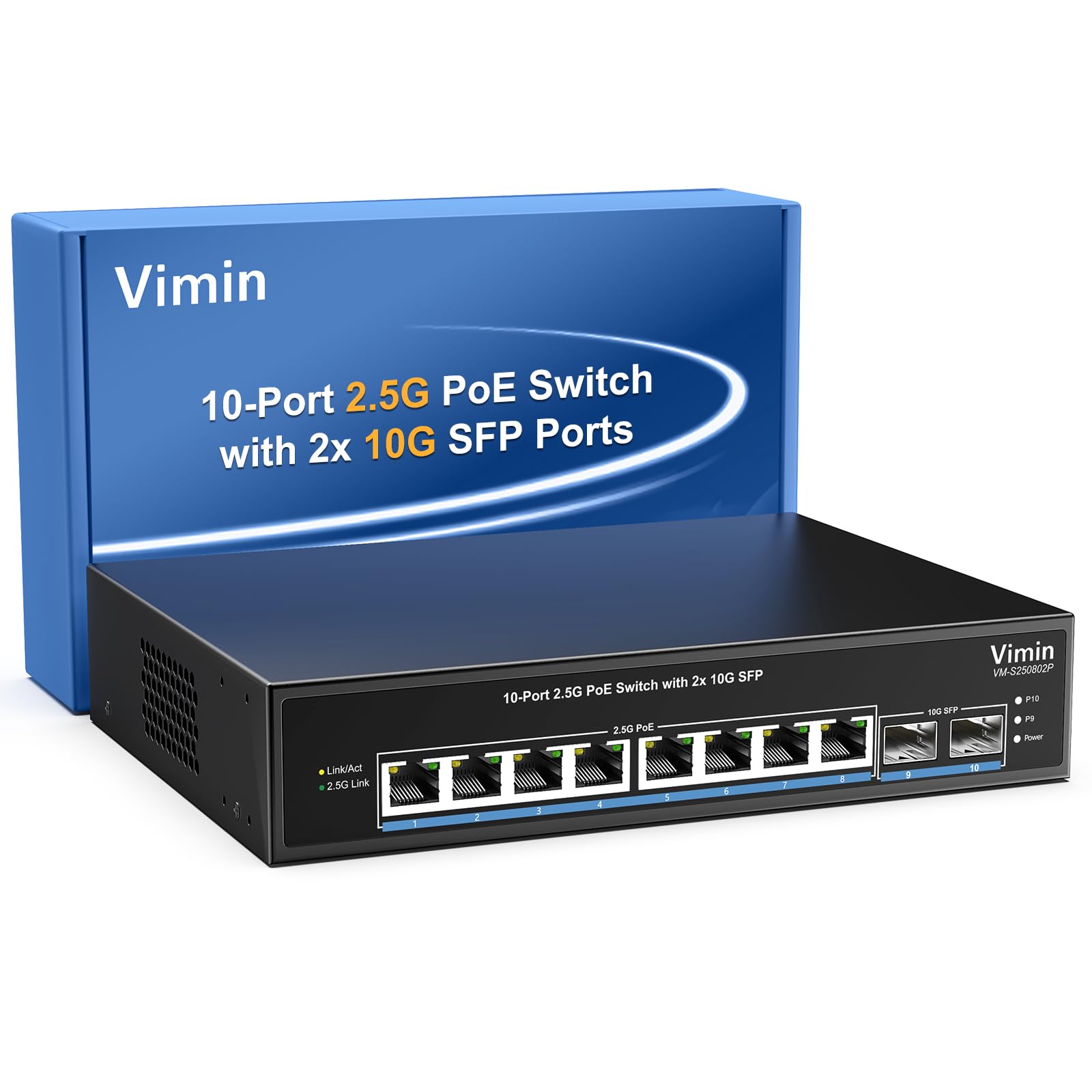 8 Port 2.5G Poe Switch Unmanaged With 2X 10Gbps Sfp, Vimin 10X 2.5G Base T Poe Ports, 10G Sfp Poe Switch W/ 60Gbps Ethernet Swit
