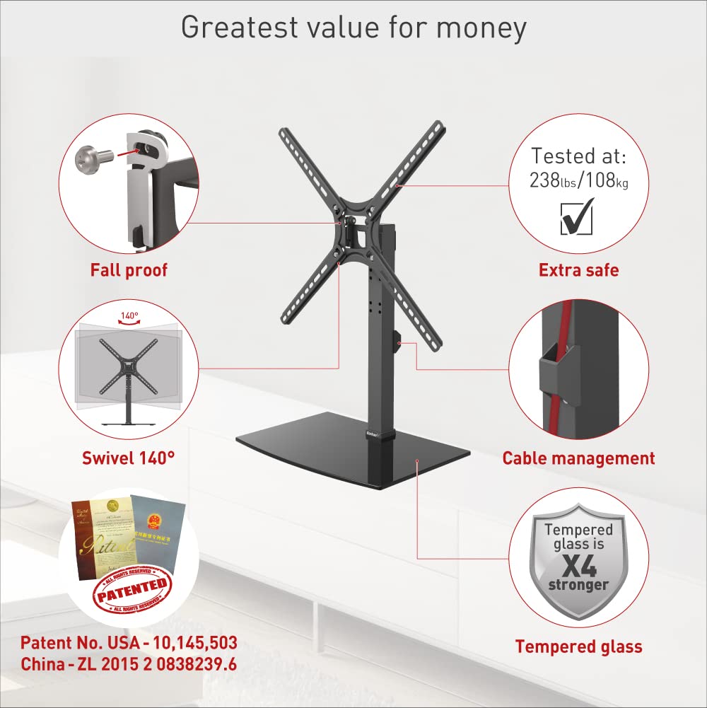 Barkan Tabletop Tv Mount, 13 65 Inch Swivel & Tilt Flat/Curved Tv Stand Base, Holds Up To 36Kg, Patented, Tempered Glass, Fits Led Oled Lcd