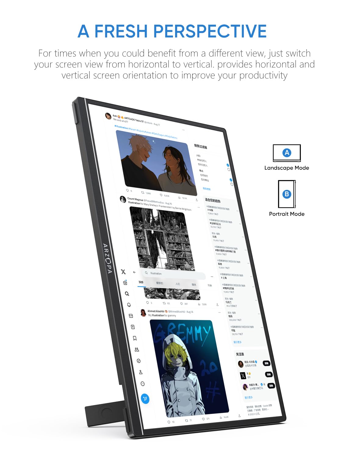 Arzopa 16'' 2.5K Portable Monitor, 2560X1600 Qhd Ips Display 123% Srgb With Built In Stand Usb C Hdmi Eye Care External Second S
