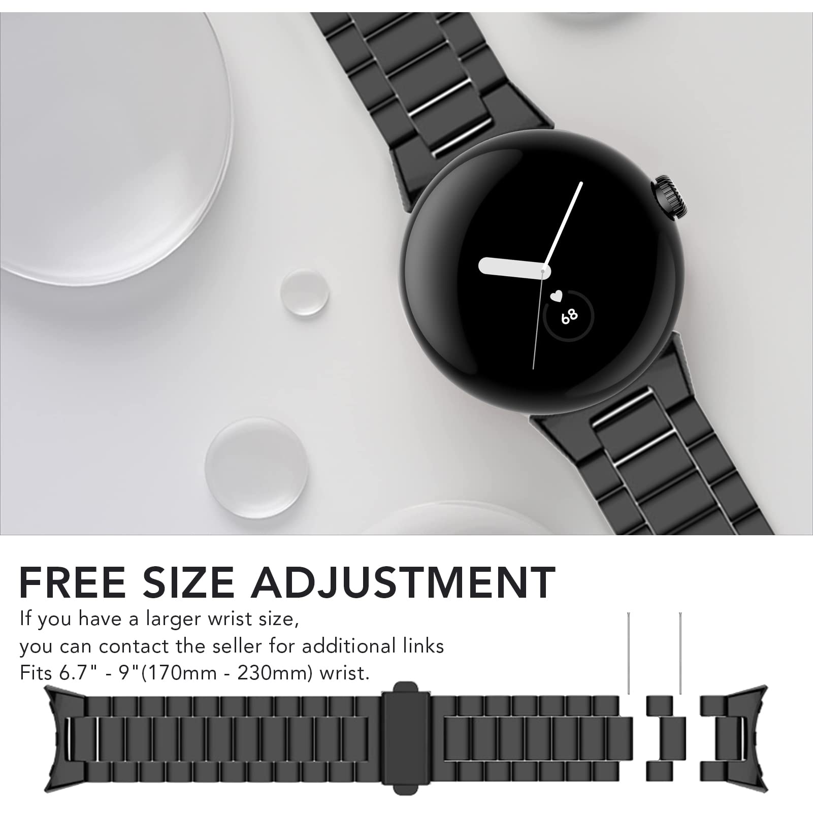 Aresh Compatible With Google Pixel Watch Band Women Men, Stainless Steel Adjustable Metal No Gap Band For Google Pixel Watch Bla