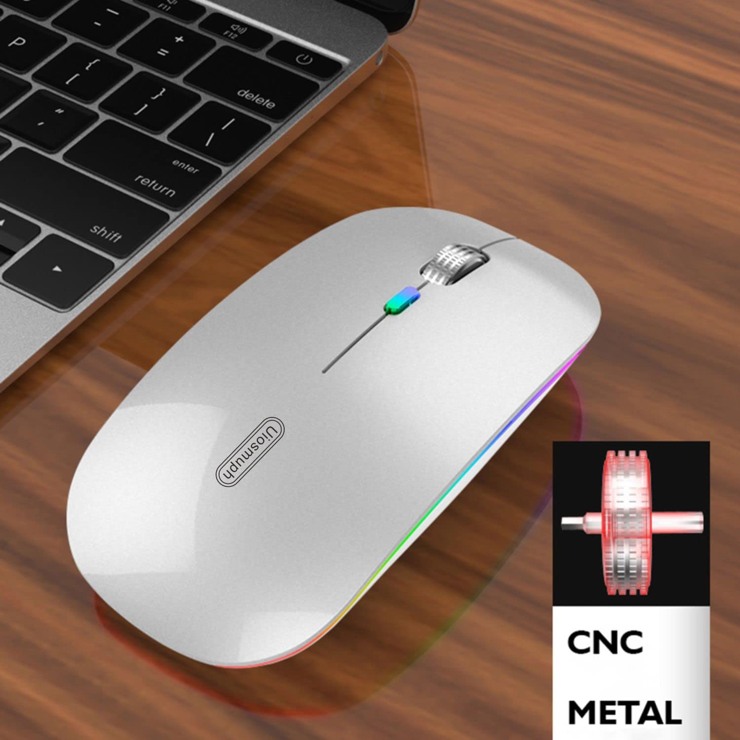 Uiosmuph Led Wireless Mouse, G12 Slim Rechargeable Silent Mouse, 2.4G Portable Optical Computer Mice With Usb Receiver And Type