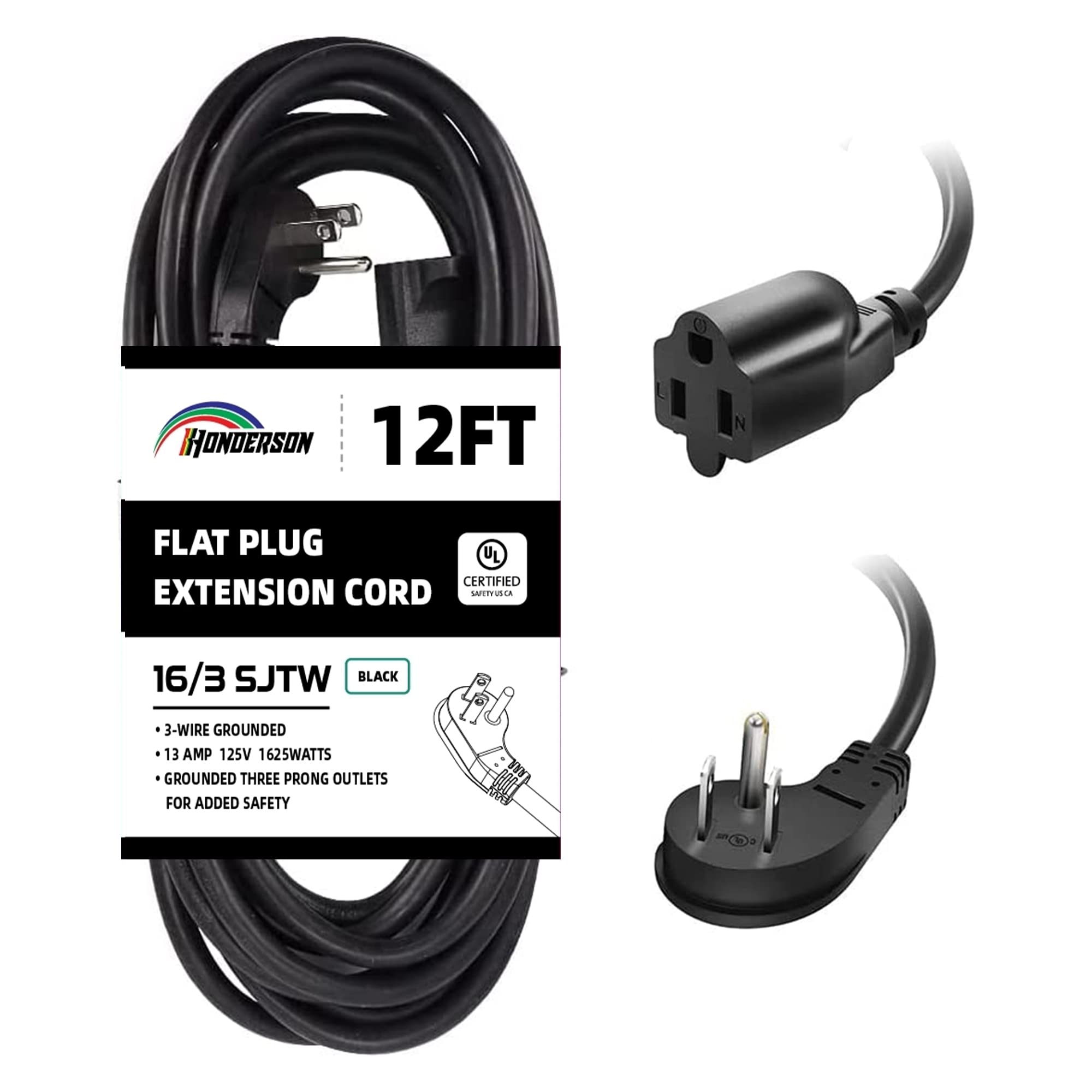 Honderson Flat Plug Indoor Extension Cord, Ul Listed, 16 Gauge 12Ft Black 3 Prong Heavy Duty Extension Cord, 16/3 Sjtw 13A Power