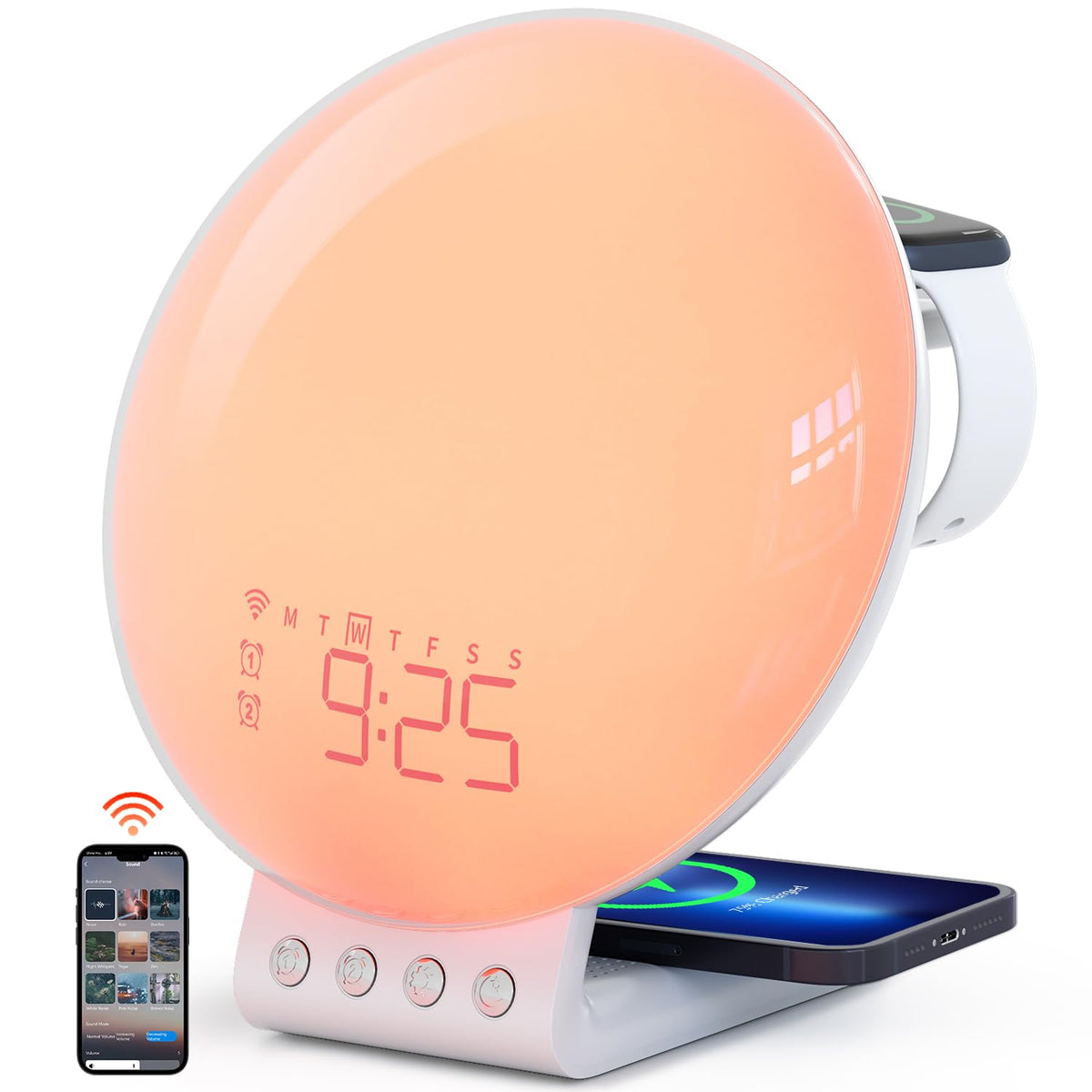 Dekala Smart Sunrise Alarm Clock With Wireless Charging For Iphone 14 13 12 Apple Watch Airpods Samsung, White Noise Sleep Sound