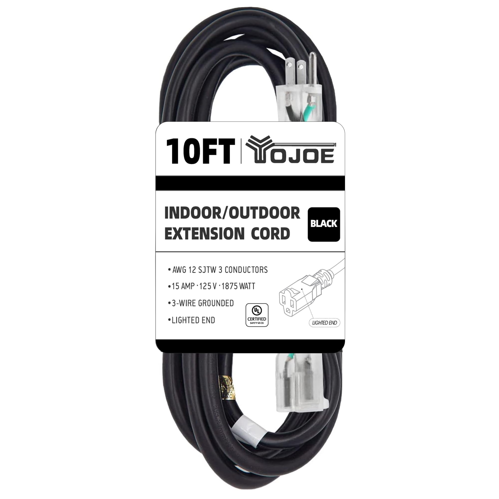 Yojoe Indoor Outdoor Extension Cord With Lighted End, 3 Prong 15A Weatherproof Power Extension Cord, 12 Gauge Heavy Duty 10 Ft B
