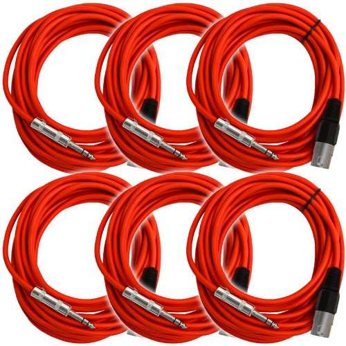 Seismic Audio - Satrxl-M25Red-6Pack - 6 Pack Of 25 Ft Xlr Male To 1/4'' Trs Patch Cable Snake Cords Balanced - Red