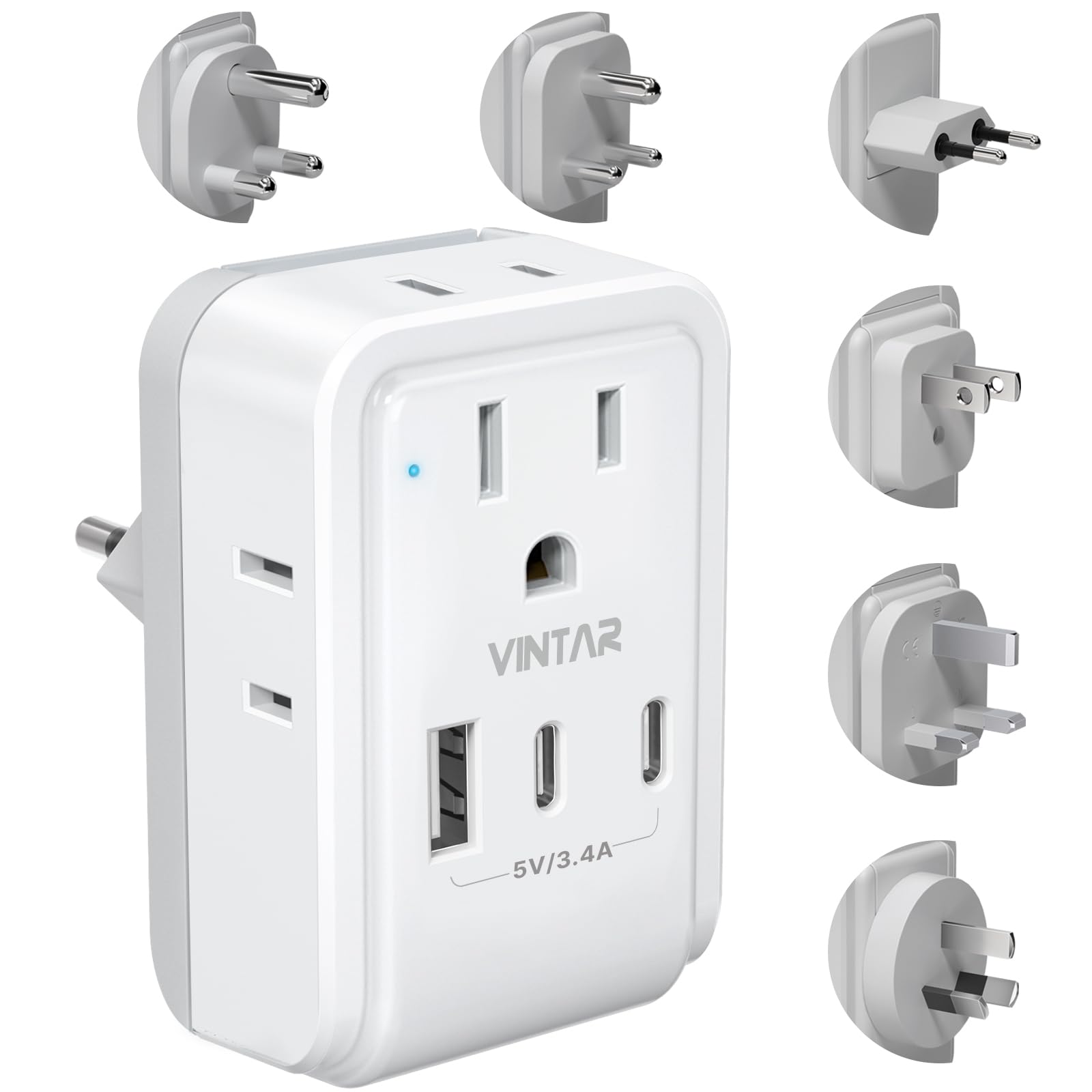 Vintar Universal Travel Adapter Kit, International Power Adapter With 3 Usb Ports (2 Usb C) 4 Ac Outlets, Type A,C,G,D,I,M Detac